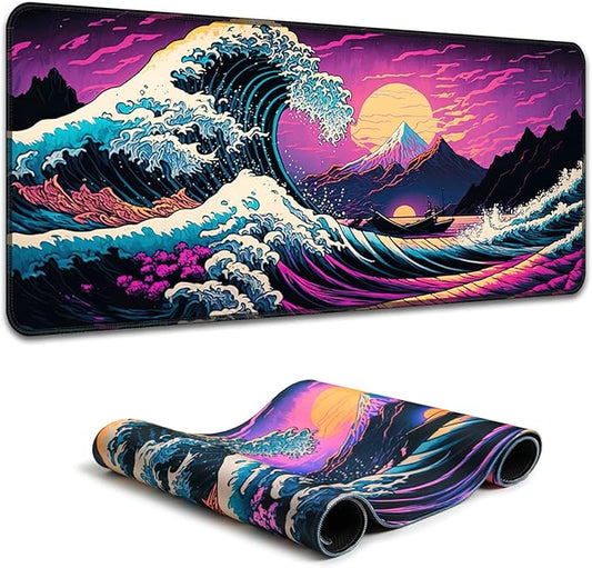 Simpkeely Japanese Sea Wave Mouse Pad, Blacklight Kanagawa Waterproof Gaming Extended Large Desk Pad Long Computer Keyboard Big Mouse Mat with 3mm Non-Slip Rubber Base for Office Home - 31.5" x 11.8"