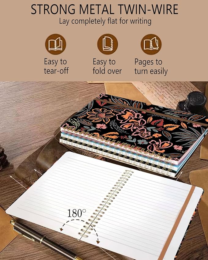 Spiral Journal Notebook, A5 Cute Notebooks for Women Men, College Ruled Hardcover Notebook for Work & Note Taking, 60 Pages Double-Wire Journals for Writing, Paisley Flowers