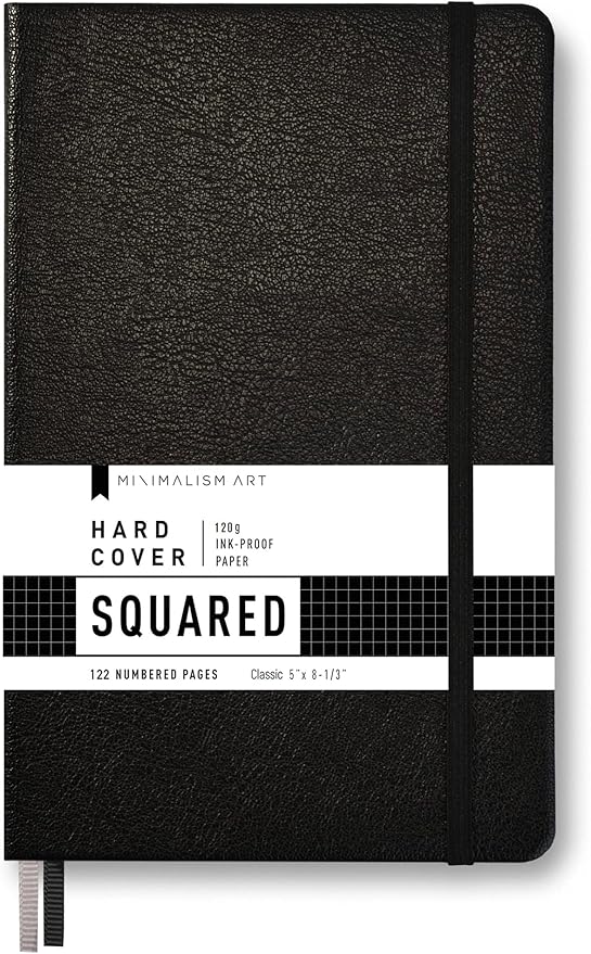 Minimalism Art, Premium Hard Cover Notebook Journal, Classic 5" x 8.3", 122 Numbered Pages, Gusseted Pocket, Ribbon Bookmark, Extra Thick Ink-Proof Paper 120gsm, San Francisco (Squared, Black)