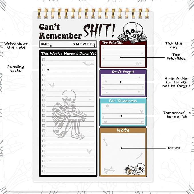 To Do List Pad - Spiral Bound Daily Tear Off Planner Notepad Undated with Checklist, 52 Sheets Vertical Design for Teachers, Office, Students, Appreciation Christmas Gifts (White Skull)