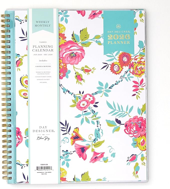 Blue Sky Day Designer 2026 Weekly and Monthly Planner Calendar, January 2026 - December 2026, 8.5" x 11", Clear Pocket Cover, Durable Twin Wire Binding, Includes Storage Pocket, Stickers, Peyton White