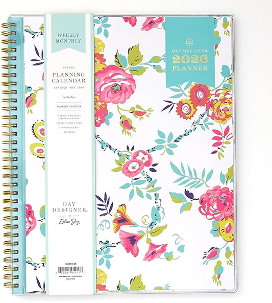 Blue Sky Day Designer 2026 Weekly and Monthly Planner Calendar, January 2026 - December 2026, 8.5" x 11", Clear Pocket Cover, Durable Twin Wire Binding, Includes Storage Pocket, Stickers, Peyton White