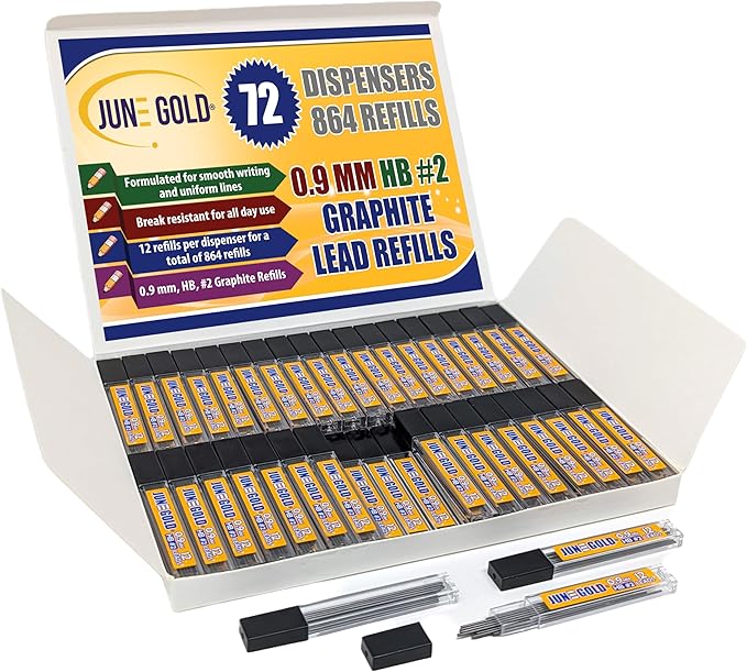 June Gold 864 Pieces, 0.9 mm HB #2 Lead Refills, 72 Dispensers, 12 Pieces Per Dispenser, Bold Thickness, Break Resistant Lead/Graphite