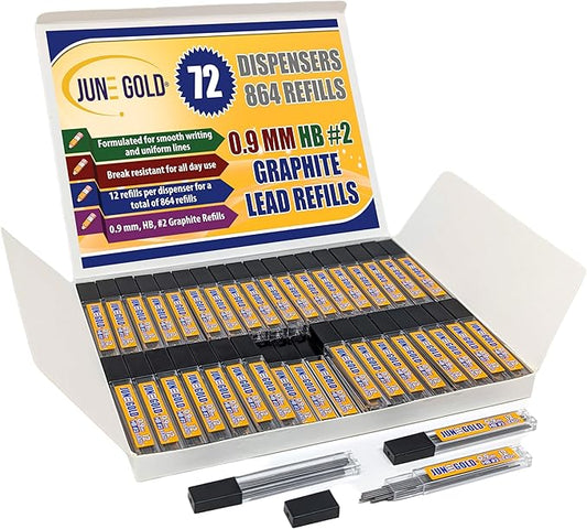 June Gold 864 Pieces, 0.9 mm HB #2 Lead Refills, 72 Dispensers, 12 Pieces Per Dispenser, Bold Thickness, Break Resistant Lead/Graphite