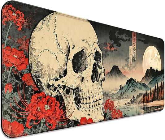 Japanese Retro Skull and Floral XL Large Desk Mat, Extended Long Desk Pad for Gaming and Office, Non-Slip Rubber Base, Comfortable Surface Mouse Pad, 31.5x11.8 in (H11)