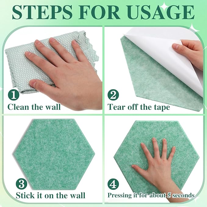 8 Pcs 12" Large Hexagon Felt Cork Board Tiles Self Adhesive DIY Bulletin Board Pin for Office Home Wall Decor Stickers Memos Photos Display with 10 Multi-Color Clip Drawing Pins(Green)