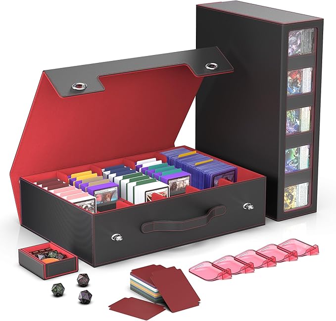 Kabinka Trading Card Storage Box with Handle & Mechanical Latch,5-Row 3900+ Commander MTG Card Case with Sealed Display Window,Top loaders Organizer Deck Box for MTG/TCG/PTCG/Sports Cards (Black Red)