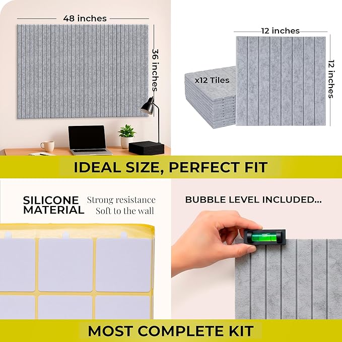 Felt Bulletin Board Tiles – 12x12 Inch Cork Wall Panels, Pack of 12, Covers 36x48 Inches, 50 Adhesive Tabs and Bubble Level, Polyester Material – Silver Gray