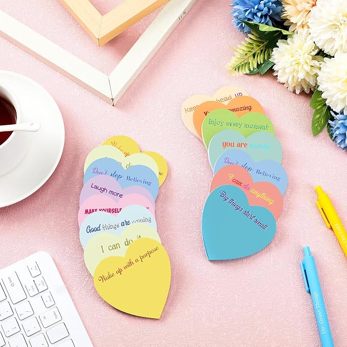 Teling 24 Pack Valentine's Day Sticky Notes Heart Shape Sticky Notes 3 x 3 Inch Inspirational Notepads Bulk Cute Memo Pads for Valentines Party Gifts School Office Supplies (Pastel)
