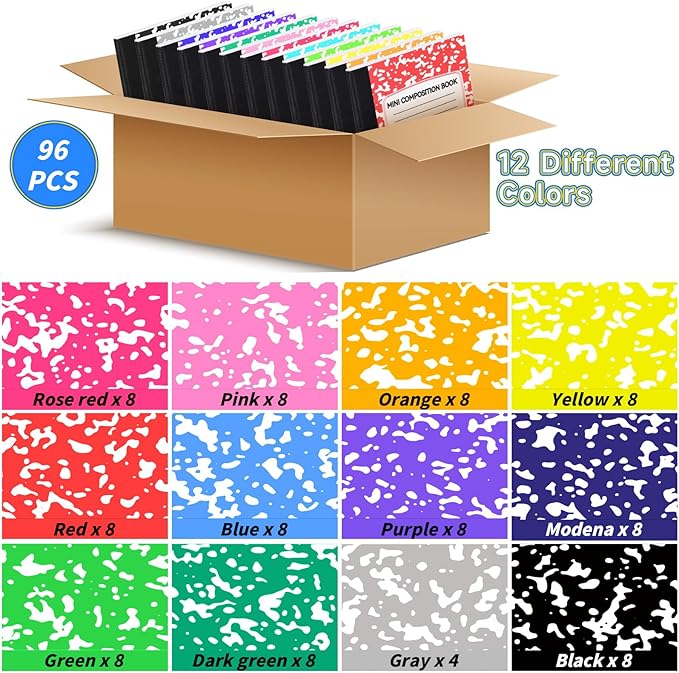 96 Pack Mini Composition Notebooks Bulk College Ruled Half Composition Notebook Narrow Ruled Small Pocket Marble Journal 12 Color-4.5" x 3.25"-60 Sheets for Students Office School Supplies
