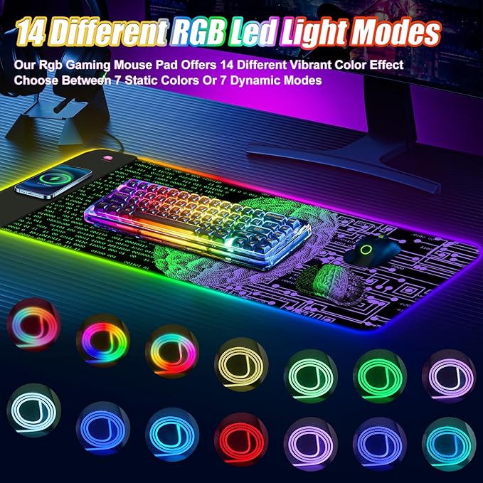 ToLuLu Wireless Charging RGB Gaming Mouse Pad, 15W LED Mouse Mat with 30W Charger, 14 Light Modes Large Mousepad Wrist Support, Non-Slip Rubber Base Desk Mat Computer Keyboard Pad, Right Left Brain