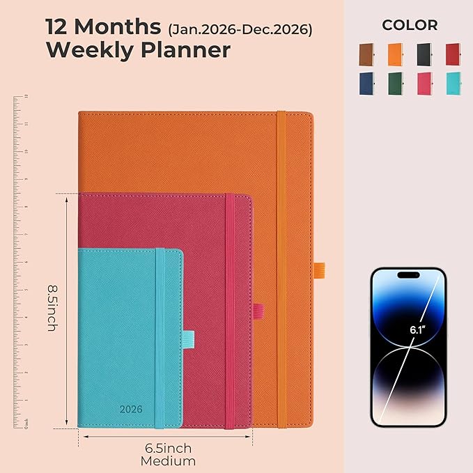 IN-LUXPRO Weekly Monthly 2026 Planner (Jan.26-Dec.26),8.5"x6.5",12 Months Agenda Plan with Month Tabs & Pocket,Expenses/Note Pages, Appointment Book Calendar with Hardcover Vegan Leather Cover,Orange