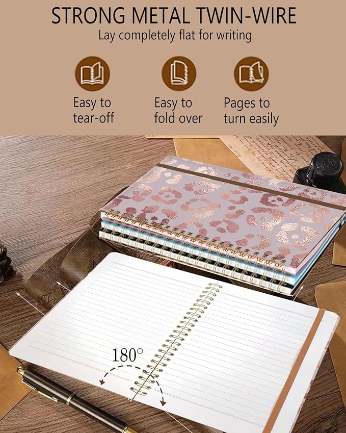 Spiral Journal Notebook, A5 Cute Notebooks for Women Men, College Ruled Hardcover Notebook for Work & Note Taking, 60 Pages Double-Wire Journals for Writing, Pink Glitter Leopard