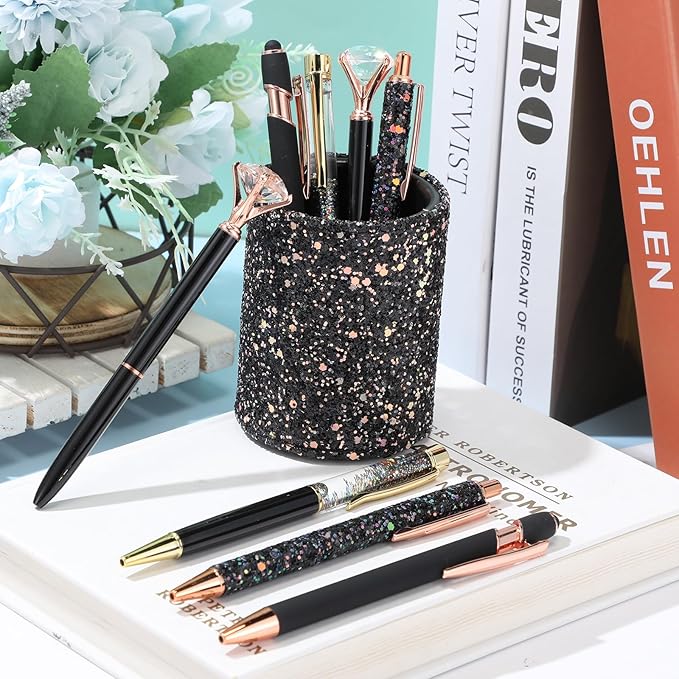 Sabary 8 Pcs Black Pens with Pen Holder for Desk Glitter Crystal Diamond Cute Ballpoint Fancy Pencil Holder Bling Desk Organizer for Women Girls Gifts School Office Wedding Supplies
