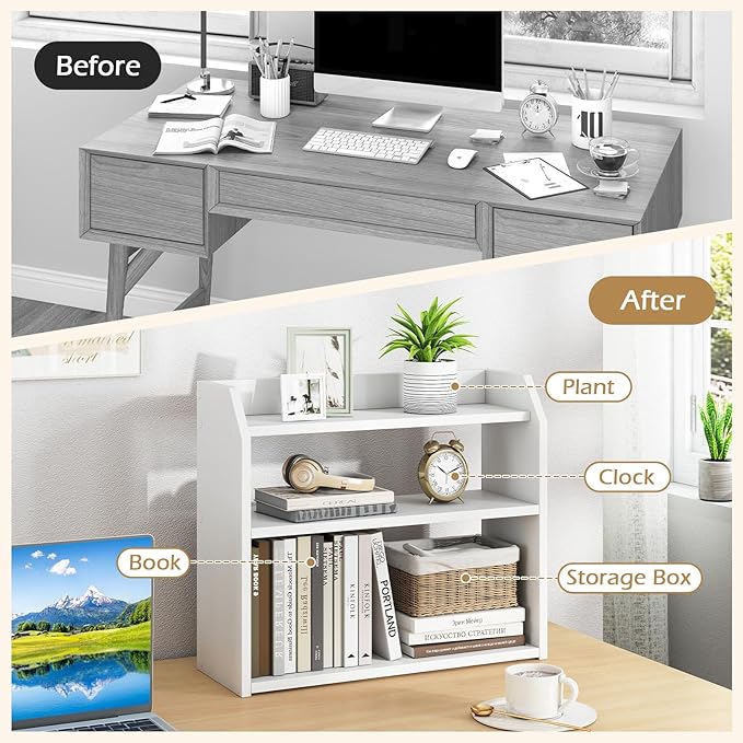 Giantex 3-Tier Desktop Bookshelf, Small Wood Countertop Organizer with Raised Guardrails, Space-Saving Desk Display Hutch, Modern Tabletop Shelf for Study Room, Office and Dorm, White (2)