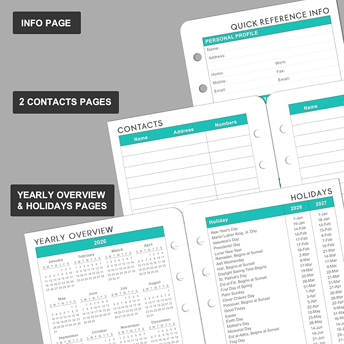 2026 Planner Refills - Planner Refills 2026 from JAN 2026 to DEC 2026, Weekly and Monthly Calendar, 3.75 x 6.75 inch, 6 Holes, A6 Size - Red