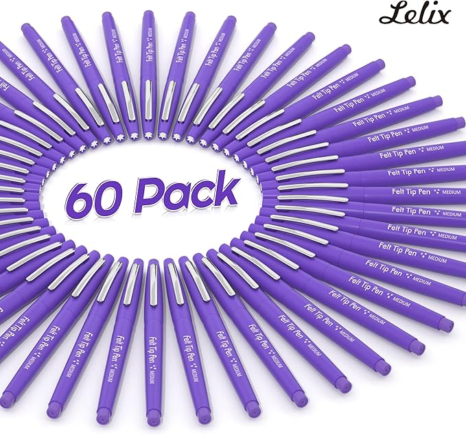 Lelix Felt Tip Pens, 60 Purple Pens, 0.7mm Medium Point, Felt Tip Markers Pens for Journaling, Writing, Note Taking, Planner, Perfect for Art Office and School Supplies