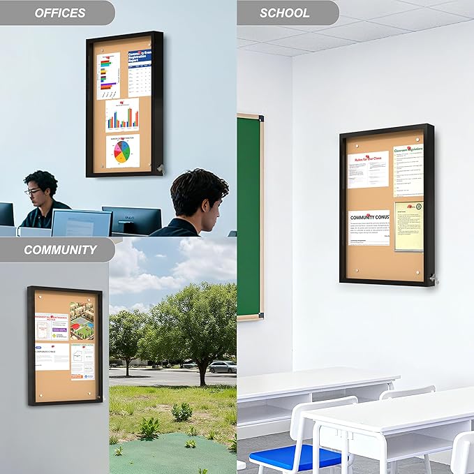 24"X36" Enclosed Bulletin Board, IP65 Waterproof Cork Notice Board Outdoor UV-Resistant, Lockable Bulletin Board for Office, School, Restaurants