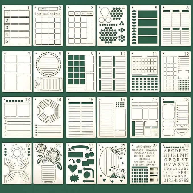 24 PCS 5x7 Inch Calendar Stencils for Planners, Planner Stencils Templates, Journal Stencil for Calendar Making, Habit Tracking, and Creative Journaling, Reusable Templates for Students, and Artists