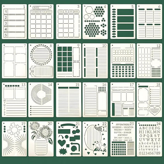 24 PCS 5x7 Inch Calendar Stencils for Planners, Planner Stencils Templates, Journal Stencil for Calendar Making, Habit Tracking, and Creative Journaling, Reusable Templates for Students, and Artists
