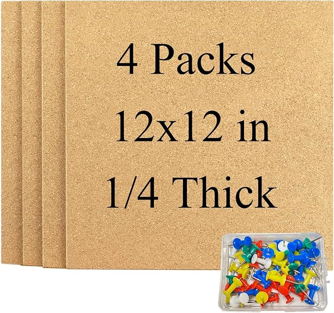 Cork Square Board for Walls, 4 Packs 12"x12" 1/4" Thick Cork Bulletin Board Self Adhesive Cork Board Tiles with 50 Pushpins for Home Office Kitchen School (4, 12 * 12 inch)