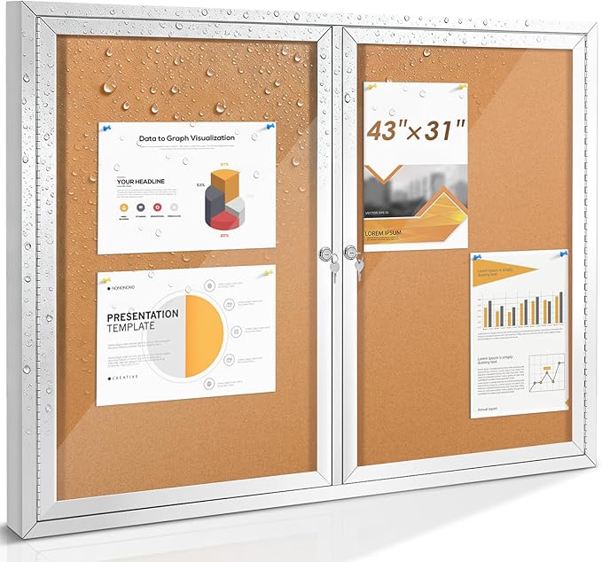 SWANCROWN Weather Resistant Enclosed Bulletin Board Cork Displays Boards Wall Mounted Notice Case with 2 Locking Door,43x31 inches