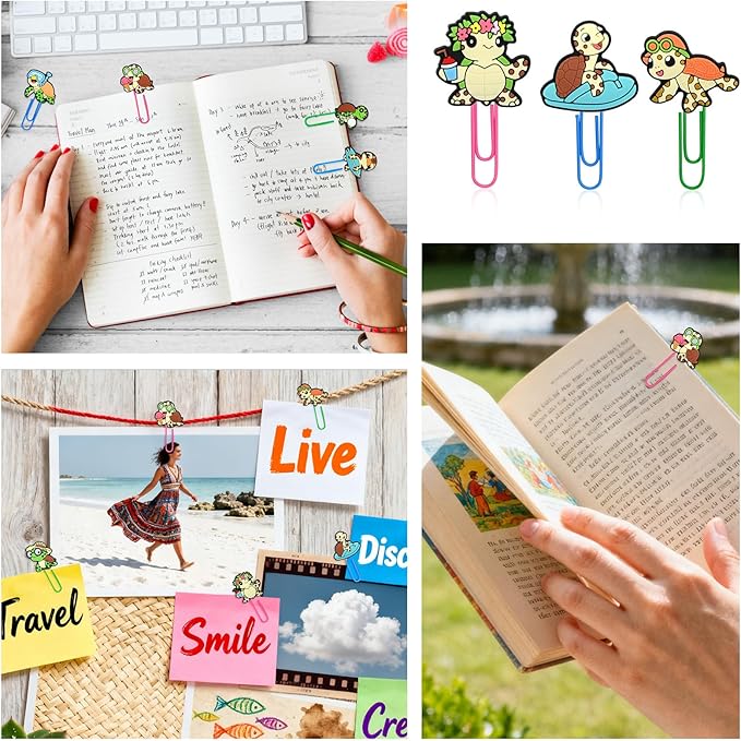 Cute Paper Clips, 24Pcs Sea Turtle Bookmark Paperclips Bulk Metal Fun Cute Turtle Planner Clip Charms Clamp Desk Accessories Stationery Colorful Office Supplies Gifts for Student Teacher Party Decor