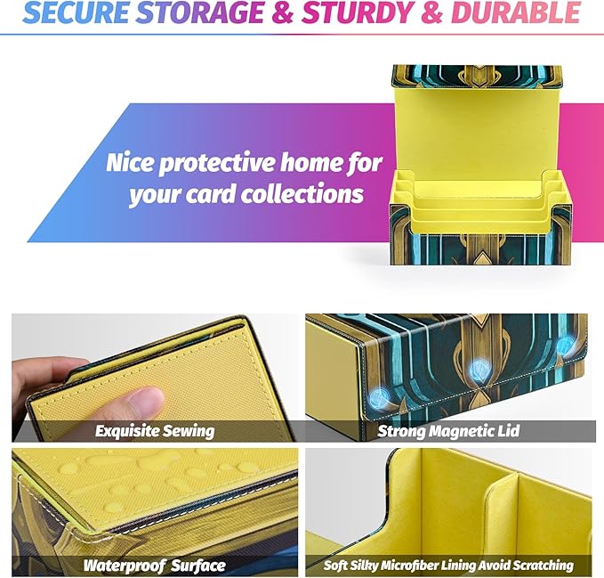 Card Storage Box for MTG, Trading Card Storage Box Holds 1800+ Sleeved Cards with 6 Dividers, Printing Magnetic Closure PU Leather Card Case for TCG CCG Sports (Light yellow, Key)