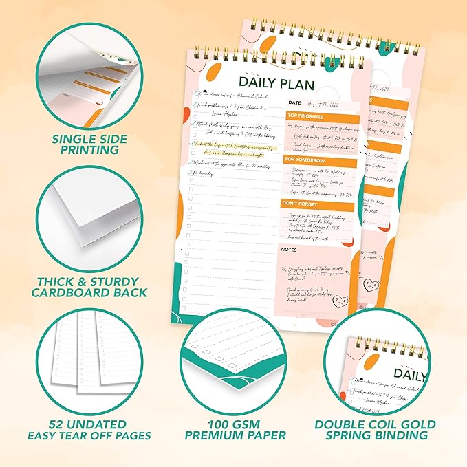 Decorably 52 Sheets Vibrant Pastel Undated Daily to Do List Notepad Spiral, 6.5x10in Spring-Bound Planner Pad, Easy Tear-Off Design, with Priorities, Checklist, Agenda, Reminders, Notes - Home, School