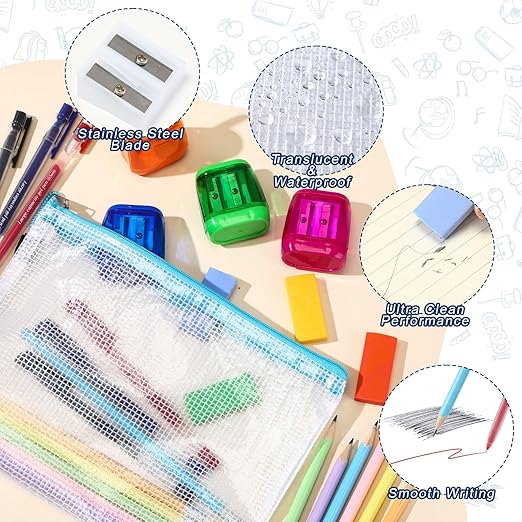 312 Pcs/24 Set Back to School Supplies Kit, Mesh Zipper Pouch Bags with Pencils, Erasers, Sharpeners, Pens – Bulk School Supplies for Classroom & Office Use