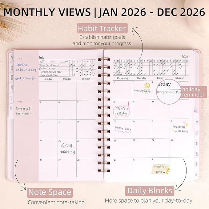 2026 Planner - Weekly and Monthly Planner, January 2026 - December 2026, Hardcover, 2026 Calendar Planner Book with Tabs, Aesthetic, Perfect for Office Home School Supplies (Pink, A5 (Jan 2026-Dec 2026))