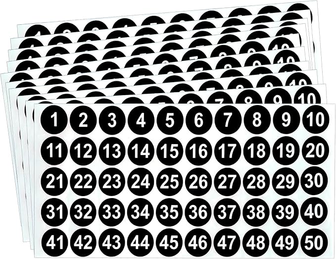 Number Stickers, Consecutive Number Stickers 1-50, 10 Sheets Round Numbers Labels, Black Small Number Sticker Vinyl Numbers Decals for Office, Classroom, Storage, Inventory, Indoor, Outdoor, 1 inch