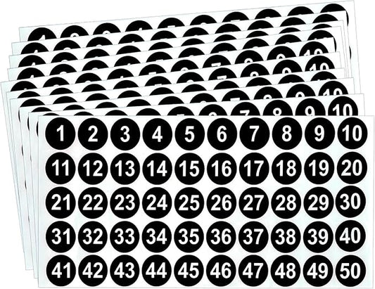 Number Stickers, Consecutive Number Stickers 1-50, 10 Sheets Round Numbers Labels, Black Small Number Sticker Vinyl Numbers Decals for Office, Classroom, Storage, Inventory, Indoor, Outdoor, 1 inch