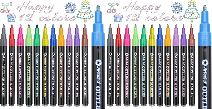 Artecho Outline Markers, 12 Glitter Colors, Christmas Gift, Stocking Stuffers for Teen Girls, Double Line Metallic Markers for Tween Girls Trendy Stuff, Art Stuff Crafts for Teens (Pack of 2)