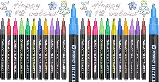 Artecho Outline Markers, 12 Glitter Colors, Christmas Gift, Stocking Stuffers for Teen Girls, Double Line Metallic Markers for Tween Girls Trendy Stuff, Art Stuff Crafts for Teens (Pack of 2)