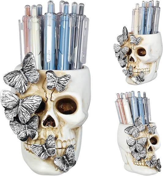 Skull Pen Holder Desk Organizer, Halloween Decor Skull Pencil Cup for Office Home School, Compact Gothic Desk Accessories Gift for Skull Lovers