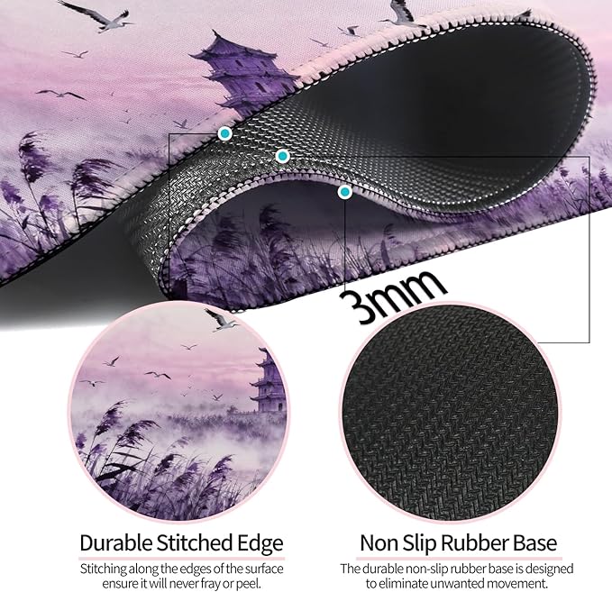 Purple Fantasy Tower and Egret XL Large Desk Mat, Extended Long Desk Pad for Gaming and Office, Non-Slip Rubber Base, Comfortable Surface Mouse Pad, 31.5x11.8 in (H25)