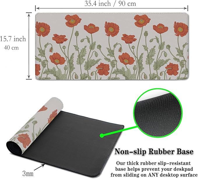Gaming Mouse Pad Red Work Desk Mat, Large Mouse Pads Computer Deskmat, The Desk Mat Non-Slip Rubber Base Waterproof with Stitched Edges, 35.4" X 15.7" for Work/Game/Office/Home Poppies Flower
