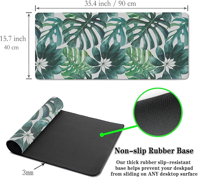 Large Mouse Pad Green Desktop Mat, Gaming Mouse Pads Computer Mats, Full Desk Mat Waterproof Non-Slip Rubber Base, 35.4 X 15.7 inch for Work/Game/Office/Home Watercolor Tropical Leaves Art