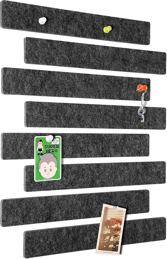 Cork Board for Walls - 8 Pack Felt Pin Board Bar Strips - Self-Adhesive Lightweight Bulletin Board - Cork Board for Office with 40 Push Pins No Damage for Wall (Dark Grey)
