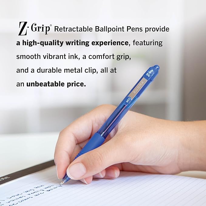 Zebra Pen Z-Grip Retractable Ballpoint Pen, Smooth-Flowing Blue Ink, 1.0mm Medium Point, School & Office Supplies, Ideal for Note-Taking, Journal and Planner Use, 48-Pack (22248)