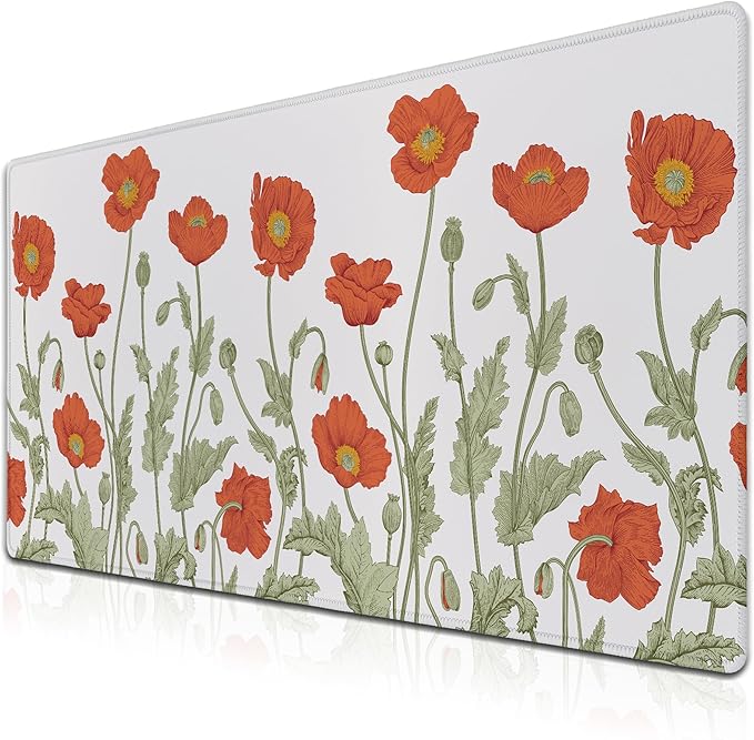 Gaming Mouse Pad Red Work Desk Mat, Large Mouse Pads Computer Deskmat, The Desk Mat Non-Slip Rubber Base Waterproof with Stitched Edges, 35.4" X 15.7" for Work/Game/Office/Home Poppies Flower