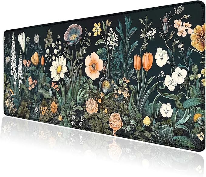 Vintage Wildflowers Floral Large Mouse Pad, Desk Mat Computer Keyboard Pad Non-Slip Rubber Base Waterproof with Stitched Edges for Laptop Gaming, Office & Home 31.5 x 11.8 Inch