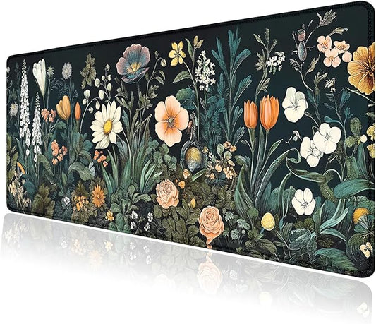 Vintage Wildflowers Floral Large Mouse Pad, Desk Mat Computer Keyboard Pad Non-Slip Rubber Base Waterproof with Stitched Edges for Laptop Gaming, Office & Home 31.5 x 11.8 Inch