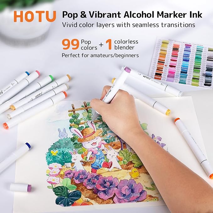 Alcohol Markers, [Beginner Preferred] 100 Vibrant Colors & Dual Tips Art Markers for Adult Coloring, with Pro Ink, Seamless Blend, Non-Bleeding Pad, & Color Card, for Amateurs/Artists