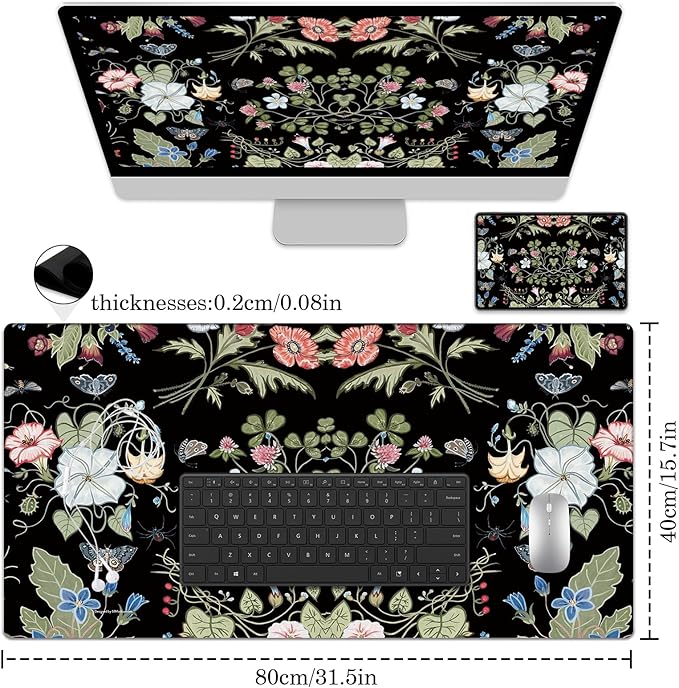 Morning Glory Flower Desk Protector, Stitched Edges Mouse Pad, Large Office Mat, Non-Slip Blotter, Laptop Writing Pad for Office and Home (31.5" x 15.7")