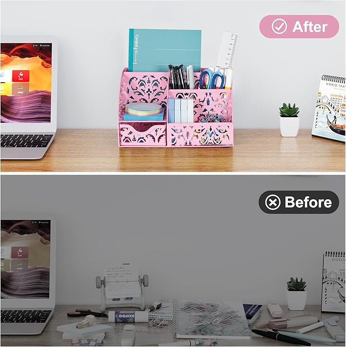 EasyPAG Pen Holder Desk Organizer with Drawer Pencil Cup for Desk 6 Compartments Metal Office Caddy Storage with Sticky Notes Holder for School Home Office, Pink