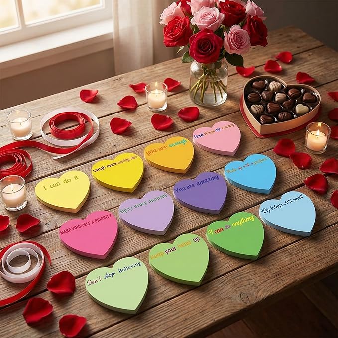 Teling 24 Pack Valentine's Day Sticky Notes Heart Shape Sticky Notes 3 x 3 Inch Motivational Notepads Bulk Cute Memo Pads for Galentines Party Gifts School Office Supplies (Bright)
