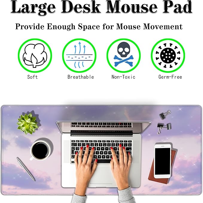Keyboard Mouse Pad Pink, Desktop Mat Desk Decor for Girls Big Mouse Pad, Desk Pad Gaming Non-Slip Rubber Base Waterproof with Stitched Edges, 35.4 X 15.7 inch for Work/Game/Office/Home