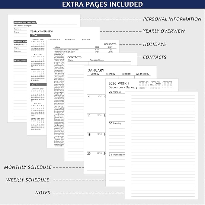 2026 Planner, Weekly ＆ Monthly Planner 2026, Jan 2026 – Dec 2026, 6.2" x 8.42", Flexible Cover, 12 Monthly Tabs, Thick Paper, Spiral Wirebound, Inner Pocket, A5, Blue